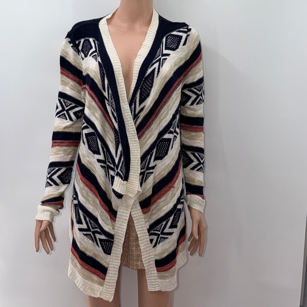 Say What (M) Geometric Aztec Open Front Cardigan Boho Southwestern Tribal Knit